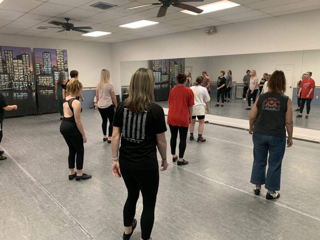 A group of people with a mirror reflection of them taking a dance class.