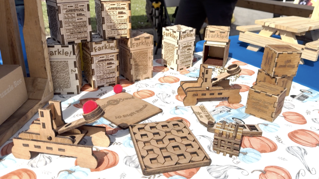 Table with handmade toys