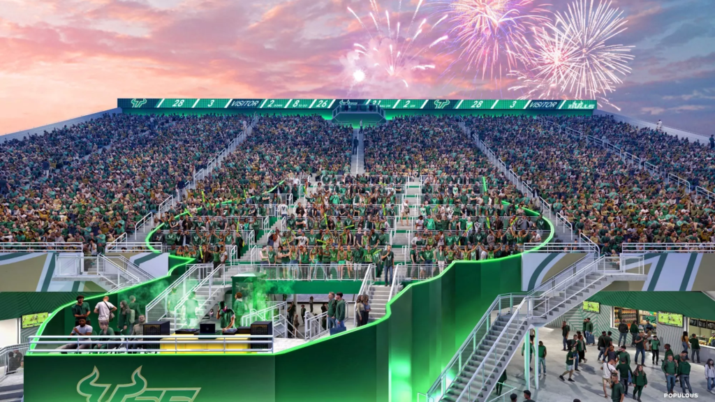 Rendering of the stadium showing bulls logo that lights up and fireworks in the background.
Photo credit to University of South Florida
