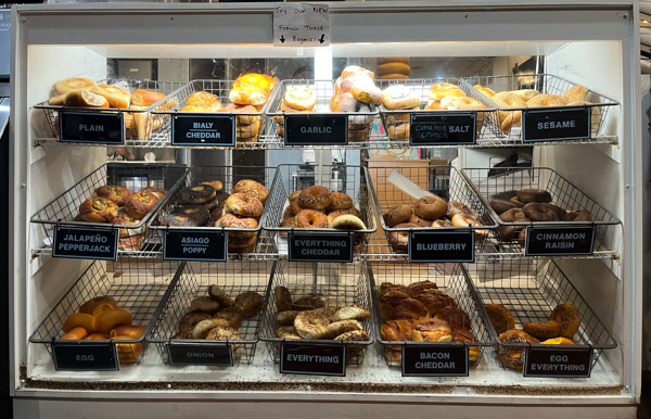 A display case full of bagels at Zio's