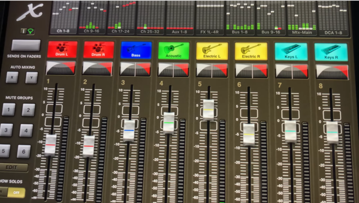A close up of an audio switching board