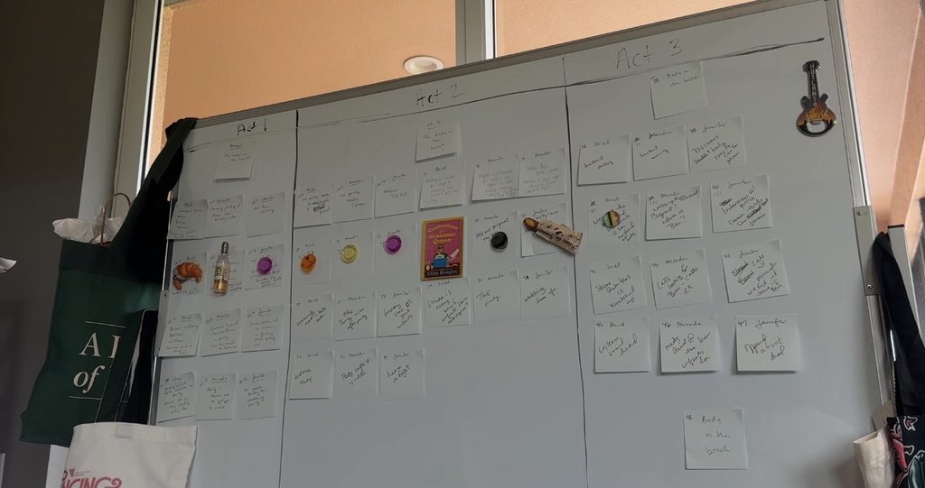 Knight loves to use storyboards, post-its, and spreadsheets to write out each chapter and what each character is doing in it.