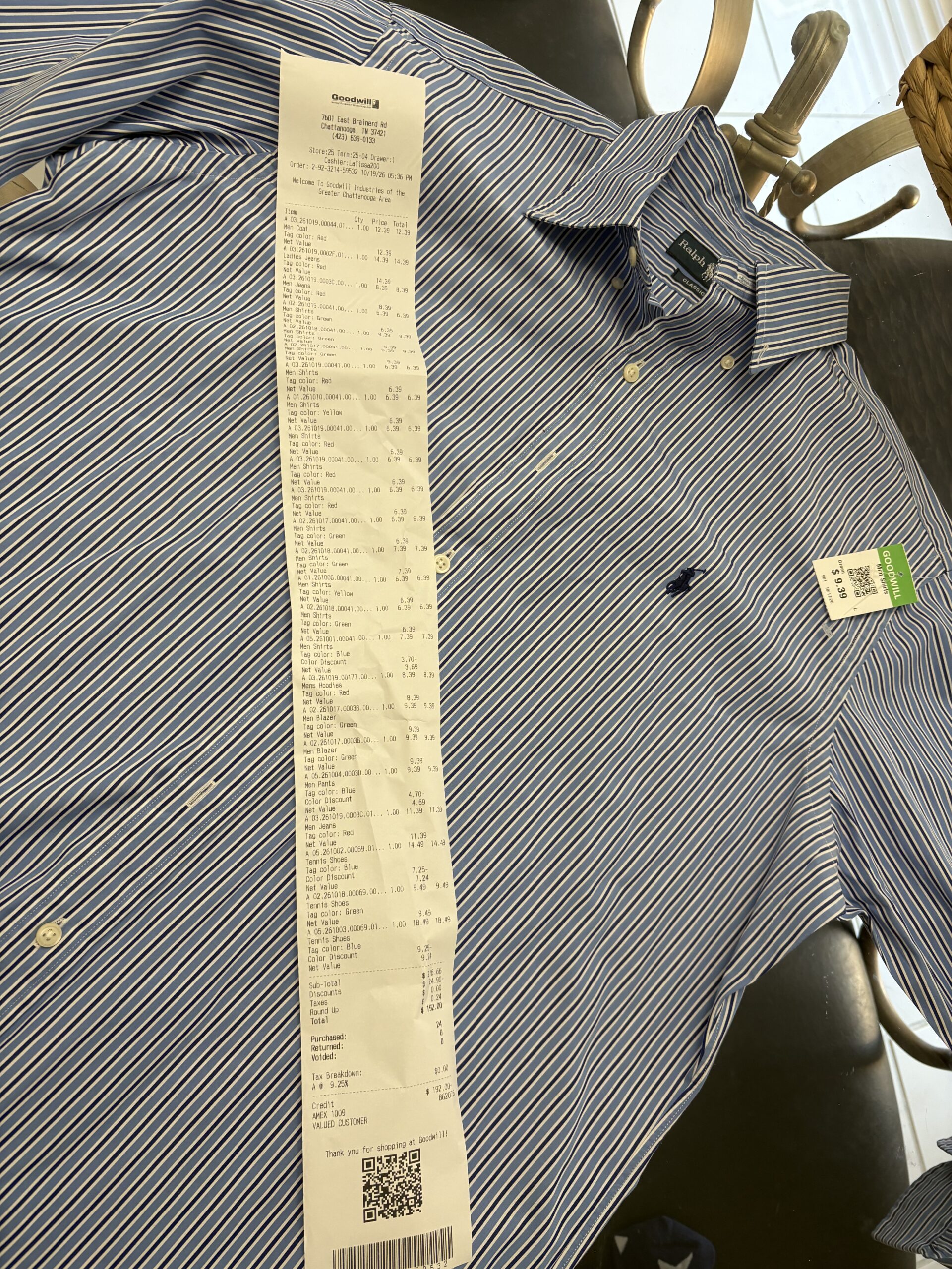 This is a photo of a Polo Ralph Lauren shirt with a a goodwill receipt