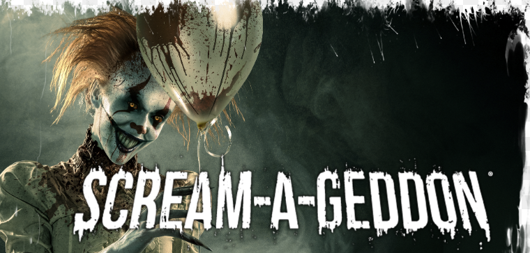 This is a clown with a balloon with the words "scream-o-geddon" in front of it