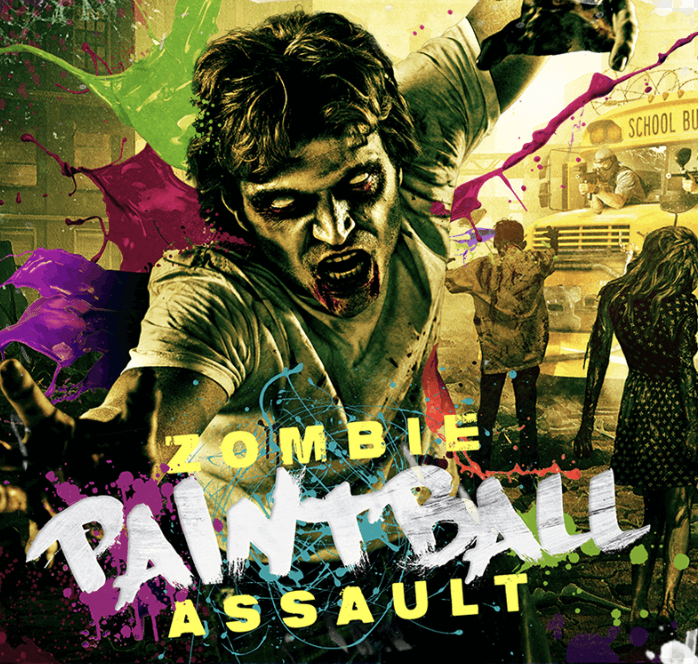 This photo shows a zombie with a school bus behind it with paint splatter on him